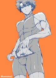  1boy abs blue_eyes bulge fate/grand_order fate_(series) flaccid fujimaru_ritsuka_(male) greyscale_with_colored_background highres kamenakake looking_at_viewer looking_down male_focus male_pubic_hair orange_background penis pubic_hair short_hair simple_background solo spot_color toned toned_male 