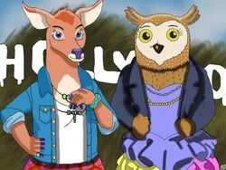  avian bird bojack_horseman bottomwear brandonomegax2 charlotte_moore clothed clothing deer denim denim_clothing denim_jacket denim_topwear dress duo female hair hollywood jacket jewelry mammal netflix orange_hair owl purple_eyes skirt topwear wanda_pierce yellow_eyes 