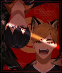  2boys 5600cm :d black_hair blonde_hair blue_eyes brown_eyes haikyuu!! highres kageyama_tobio looking_at_viewer male_focus miya_atsumu multiple_boys open_mouth red_background short_hair simple_background slit_pupils smile teeth tongue twitter_username upside-down 