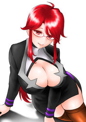  absurdres ahoge alternate_legwear arm_support black_suit breasts brown_thighhighs cleavage cleavage_cutout clothing_cutout female formal glasses highres large_breasts long_sleeves lorelei_(pokemon) pokemon pokemon_lgpe ponytail red_eyes red_hair sidelocks solo suit thighhighs toba_tsutsumi turtleneck 