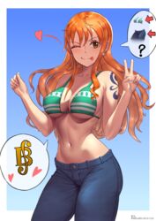  ;p ? absurdres arrow_(symbol) belly_sign bikini bikini_top_only blue_background blue_pants blush border breasts brown_eyes collarbone commentary_request denim earrings female gradient_hair hands_up heart highres jeans jewelry large_breasts long_hair looking_at_viewer money multicolored_hair nami_(one_piece) navel nelnel76121122 one_eye_closed one_piece orange_hair pants pearl_earrings prostitution shoulder_tattoo solo spoken_clothes spoken_heart spoken_money spoken_question_mark spoken_symbol stomach swimsuit tattoo tongue tongue_out twitter_username v wavy_hair white_border 