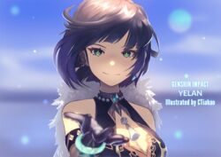  artist_name black_gloves blue_hair blurry blurry_foreground breasts character_name cleavage copyright_name ctiahao dice ear_piercing elbow_gloves female floating_hair genshin_impact gloves green_eyes lens_flare mole mole_on_breast piercing portrait short_hair solo tassel yelan_(genshin_impact) 