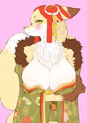  anthro asian_clothing big_breasts blush breasts canid canine cleavage clothed clothing east_asian_clothing female fluffy fluffy_tail fox green_eyes japanese_clothing kemono kimono looking_at_viewer mammal muramasa:_princess_commander okabe_masatsuna pink_background silicon_studio simple_background smile solo tail xenon50mm 