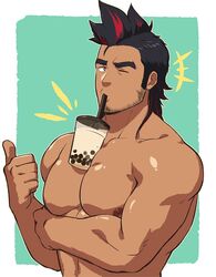  1boy abs bara between_pectorals black_eyes black_hair bubble_tea bubble_tea_challenge drink facial_hair large_pectorals looking_at_viewer male_focus meme multicolored_eyes multicolored_hair muscular muscular_male nipples object_on_pectorals original pectorals red_eyes red_hair solo streaked_hair thumbs_up upper_body zink_(zink_mchn) 