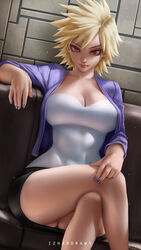  artist_name bakugou_mitsuki blonde_hair boku_no_hero_academia breasts cardigan cleavage commentary couch crossed_legs english_commentary feet_out_of_frame female hand_on_leg highres izhardraws large_breasts light_particles looking_at_viewer mature_female miniskirt open_clothes purple_cardigan purple_nails red_eyes shirt short_hair skirt smile solo spiked_hair wall white_shirt 