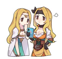  2girls :&lt; anachronism belt belt_buckle blonde_hair breasts brigid_(fire_emblem) brigid_(pirate)_(fire_emblem) brown_eyes buckle cellphone circlet cleavage closed_mouth dress edain_(fire_emblem) fire_emblem fire_emblem:_genealogy_of_the_holy_war gloves haconeri hand_on_own_hip headband jewelry long_hair multiple_girls open_mouth phone siblings simple_background sisters smartphone sweat twins 