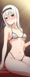  absurdres bare_shoulders bed bikini black_hairband blue_eyes blush breasts collarbone commentary english_commentary female grey_hair hair_between_eyes hairband highres kaguya-sama_wa_kokurasetai_~tensai-tachi_no_renai_zunousen~ long_hair looking_at_viewer medium_breasts navel paid_reward_available roswell_ss shirogane_kei solo swimsuit thighs underboob white_bikini 