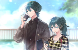  1boy 23@5 :o backpack bag black_shirt blue_eyes blue_hair blue_sky blurry blurry_background breast_pocket breasts buttons byleth_(female)_(fire_emblem) byleth_(fire_emblem) byleth_(male)_(fire_emblem) cardigan cellphone cloud collarbone collared_shirt commentary_request contemporary cup day disposable_cup drinking earrings female fire_emblem fire_emblem:_three_houses green_nails grey_cardigan hair_between_eyes height_difference holding holding_bag holding_cup holding_phone jewelry large_breasts long_hair long_sleeves looking_at_phone nail_polish open_cardigan open_clothes outdoors phone plaid plaid_shirt pocket ponytail railing shirt short_hair sidelocks sky smartphone standing stud_earrings tree upper_body yellow_shirt 