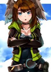  absurdres bad_id bad_pixiv_id black_bodysuit black_choker black_jacket blue_eyes bodysuit breast_tattoo breasts brown_hair choker cleavage eunie_(xenoblade) female head_wings highres hood jacket large_breasts long_hair looking_at_viewer medium_hair oniisan02b open_clothes open_jacket solo tattoo white_wings wings xenoblade_chronicles_(series) xenoblade_chronicles_3 