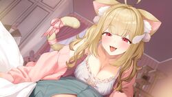  1boy ahoge animal_ear_fluff animal_ears blonde_hair blush breasts cardigan cat_ears cat_girl cat_tail cleavage collarbone dress female hair_ornament highres indoors kemomimi_refle! large_breasts looking_at_viewer nekoma_karin oerba_yun_fang open_mouth pink_cardigan pov red_eyes shien_(tatunokoshien00) shirt solo_focus tail tongue tongue_out virtual_youtuber white_dress 