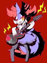  2018 3:4 3_toes 7-string_guitar anthro blush braixen chest_tuft dipstick_tail feet front_view fur generation_6_pokemon glowing glowing_eyes guitar hi_res inner_ear_fluff markings multicolored_body multicolored_fur multicolored_tail music musical_instrument nintendo nyaswitchnya open_mouth playing_guitar playing_music plucked_string_instrument pokemon pokemon_(species) red_background shiny_pokemon simple_background solo standing string_instrument tail tail_markings toes tuft 