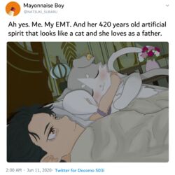  1boy 500_dollar_four_foot_tall_mareep_(meme) animal animal_hug bed black_hair blanket brown_eyes character_name commentary dated emilia_(re:zero) english_commentary english_text female flower highres hug indoors lying meme natsuki_subaru on_bed pillow pink_flower puck_(re:zero) re:zero_kara_hajimeru_isekai_seikatsu romulproduce short_hair smile spoilers twitter under_covers watermark web_address white_flower white_hair 