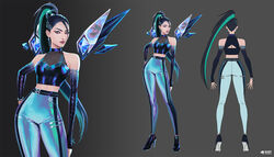  black_hair blonde_hair clothing_request commentary dress earrings english_commentary english_text female green_hair grey_background high_heels highres jason_chan jewelry k/da_(league_of_legends) k/da_all_out_kai&#039;sa kai&#039;sa league_of_legends long_hair looking_at_viewer multicolored_hair multiple_views official_alternate_costume official_art pants purple_eyes purple_hair reference_sheet simple_background turnaround 