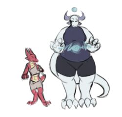  2019 amputee anthro bandage cfoxblu clothing digital_media_(artwork) digitigrade disability dragon duo eye_contact female kobold looking_at_another magic mythological_creature mythological_scalie mythology overweight scalie size_difference skinny slightly_chubby tail thick_thighs 