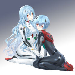  2girls absurdres ass ayanami_rei black_bodysuit blue_hair bodysuit breasts dual_persona evangelion:_3.0_you_can_(not)_redo hair_between_eyes highres interface_headset long_hair mecha_pilot_suit medium_breasts multiple_girls neon_genesis_evangelion plugsuit rebuild_of_evangelion red_eyes short_hair sitting very_long_hair white_bodysuit yaxiya 