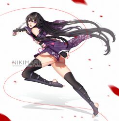  arm_guards ass black_thighhighs dagger english_commentary female flat_chest floating_hair holding holding_dagger holding_knife holding_string holding_weapon japanese_clothes kimono knife kotori_(nikimarii) long_hair looking_at_viewer nikimarii obi open_mouth original petals purple_eyes purple_kimono reverse_grip running sash shin_guards short_kimono sleeveless sleeveless_kimono solo stirrup_legwear string thighhighs toeless_legwear v-shaped_eyebrows very_long_hair weapon wide_sleeves 