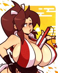  arm_guards artist_name between_breasts breasts breath brown_eyes brown_eyeshadow brown_hair cleavage english_commentary fatal_fury female hair_behind_ear highres huge_breasts legendofnerd looking_to_the_side obi open_hand pink_lips ponytail puckered_lips sash shiranui_mai sideboob smug solo the_king_of_fighters 