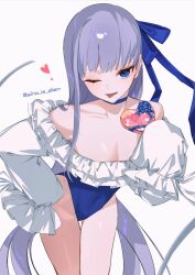  bare_shoulders blue_eyes blue_ribbon blush box breasts choker collarbone fate/grand_order fate_(series) female frills hair_ribbon heart-shaped_box highleg highleg_one-piece_swimsuit long_hair long_sleeves looking_at_viewer meltryllis_(fate) meltryllis_(swimsuit_lancer)_(fate) meltryllis_(swimsuit_lancer)_(second_ascension)_(fate) off-shoulder_one-piece_swimsuit off_shoulder one-piece_swimsuit one_eye_closed puffy_sleeves purple_hair ribbon siho_is_alien sleeves_past_fingers sleeves_past_wrists small_breasts solo swimsuit thighs tongue tongue_out very_long_hair white_ribbon 