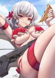  absurdres arm_behind_head artist_name bikini blue_sky bow breasts caiman_pool cheese cheese_trail closed_mouth cloud cloudy_sky commentary eating english_commentary female food girls&#039;_frontline girls&#039;_frontline_2:_exilium grey_hair gun hairbow highres holding holding_food holding_pizza large_breasts looking_at_viewer medium_hair official_alternate_costume outdoors pizza pizza_slice pump_action red_bikini red_bow red_eyes sabrina_(girls&#039;_frontline_2) shotgun side-tie_bikini_bottom sky solo spas-12 spas-12_(girls&#039;_frontline) spas-12_(strawberry_zabaglione)_(girls&#039;_frontline) swimsuit thigh_strap weapon 