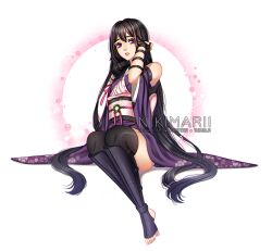  artist_name black_hair black_thighhighs detached_sleeves english_commentary female flat_chest hair_between_eyes hand_in_own_hair japanese_clothes kimono kotori_(nikimarii) long_hair nikimarii original parted_lips pink_lips purple_eyes purple_kimono shin_guards short_kimono sitting sleeveless sleeveless_kimono solo thighhighs very_long_hair wide_sleeves 