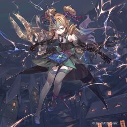  black_hands blue_shoes brown_eyes brown_hair colored_extremities copyright_name creature double_bun female flat_chest hair_between_eyes hair_bun horns house lightning night official_art pocket_watch single_horn so-taro tesla_(valkyrie_connect) thighhighs valkyrie_connect watch window 