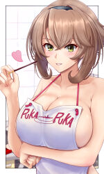  apron bare_shoulders blush breasts brown_hair cleavage collarbone female food green_eyes hair_between_eyes hairband highres holding holding_food holding_pocky kantai_collection large_breasts mesera mutsu_(kancolle) naked_apron pocky short_hair sideboob sidelocks solo white_apron 