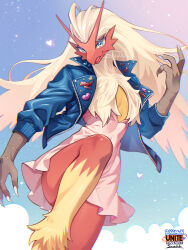  animal_hands arm_at_side artist_name badge beak bird_girl blaziken blonde_hair blue_background blue_eyes blue_jacket body_fur breasts button_badge character_name chromatic_aberration claws clothed_pokemon colored_sclera commentary_request copyright_name dress english_commentary english_text female furry furry_female gradient_background hand_up happy heart highres jacket leg_up legs logo long_hair looking_at_viewer mixed-language_commentary mixed-language_text neck_fur open_clothes open_jacket open_mouth partial_commentary pokemon pokemon_(creature) pokemon_unite red_fur short_dress signature sleeves_rolled_up small_breasts smile solo standing standing_on_one_leg suahh two-tone_fur white_dress yellow_fur yellow_sclera zipper 