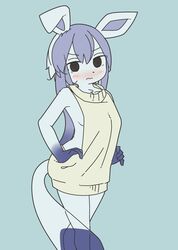  alternate_species annoyed anthro anthrofied black_eyes blue_background blue_body blue_fur blue_hair blue_tail_tip blush bodily_fluids bottomless breasts clothed clothing dipstick_tail eeveelution embarrassed female female_anthro fur generation_4_pokemon glaceon gloves_(marking) hair hi_res kemono looking_at_viewer mammal markings meme meme_clothing mikeyama multicolored_tail nintendo pokemon pokemon_(species) pokemorph side_boob simple_background solo spiral_eyes standing sweater sweater_only tail tail_markings tears topwear topwear_only virgin_killer_sweater 