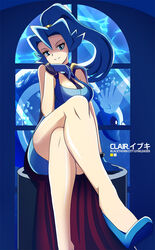  1girls blue_eyes blue_hair breasts clair_(pokemon) clair_(pokemon_hgss) cleavage female hair human human_only nintendo pokemon sitting solo vivivoovoo 