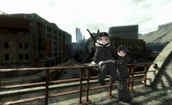  2girls black_eyes black_hair blonde_hair blue_eyes chito_(shoujo_shuumatsu_ryokou) coat death_stranding helmet highres leoleonardk10 multiple_girls outdoors railing shoujo_shuumatsu_ryokou sitting standing yuuri_(shoujo_shuumatsu_ryokou) 