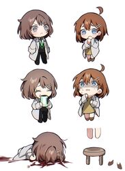  2girls :&lt; ahoge barefoot black_footwear black_pants black_vest blood blue_eyes brown_footwear brown_hair chibi coat commentary comparison corpse crying crying_with_eyes_open despair empty_eyes green_necktie grey_eyes hair_ornament hairclip hanging highres implied_suicide lab_coat limbus_company lobotomy_corporation medium_hair michelle_(project_moon) mu46016419 multiple_girls necktie no_nose pants progression project_moon shaded_face shrenne_(project_moon) simple_background spoilers stool symbol-only_commentary tears vest vial white_background white_coat 