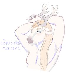  absurd_res anthro antlers armpit_hair blonde_hair blue_eyes body_hair deer finnish_text hair hi_res horn johannes male mammal muscular muscular_anthro muscular_male new_world_deer nipples pose rattfood reindeer solo text translated 