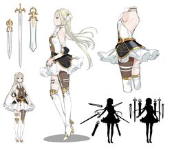  backless_dress backless_outfit bad_link blonde_hair braid braided_bangs concept_art dress epic_seven female finger_cots flower full_body garter_straps hair_flower hair_ornament highres iseria_(epic_seven) long_hair multiple_views official_art pointy_ears profile shoes silhouette skirt standing sword weapon white_footwear white_legwear white_skirt 