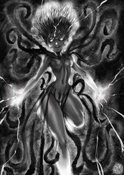  alternate_form arms_at_sides aura black_sclera breasts collarbone dark_aura dark_skin different_colored_hair female floating_hair glowing glowing_eyes glowing_hair glowing_hands legs navel one-punch_man small_breasts smile solo tatsumaki telekinesis tentacle the_golden_smurf thick_thighs thighs thin_waist wide_hips 