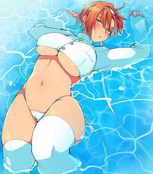  breasts commentary_request crop_top eroe female green_eyes hair_between_eyes igarashi_kyou_(eroe) large_breasts long_sleeves looking_at_viewer midriff navel one_eye_closed orange_hair original partially_submerged photoshop_(medium) short_hair solo thighhighs underboob water wet 