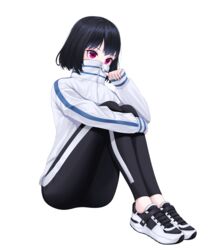  absurdres bad_id bad_pixiv_id black_hair black_pants covered_mouth dress female full_body high_collar highres hugging_own_legs jacket knees_up long_sleeves original pants purple_eyes shoes short_hair simple_background sitting sleeves_past_wrists sneakers solo star_(symbol) track_jacket track_pants white_background white_footwear white_jacket yuyo_(i_iuyo) zipper zipper_pull_tab 