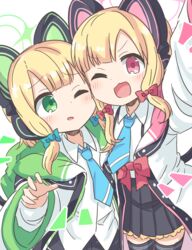  2girls ;d absurdres animal_ears arm_up black_skirt black_thighhighs blonde_hair blue_archive blue_bow blue_necktie blush bow collared_shirt commentary_request dress_shirt fake_animal_ears green_eyes guriin hairbow highres hood hood_down hooded_jacket jacket long_sleeves midori_(blue_archive) momoi_(blue_archive) multiple_girls necktie notice_lines off_shoulder one_eye_closed open_clothes open_jacket pleated_skirt red_bow red_eyes shirt siblings sisters skirt smile suspender_skirt suspenders thighhighs twins v-shaped_eyebrows white_background white_jacket white_shirt 