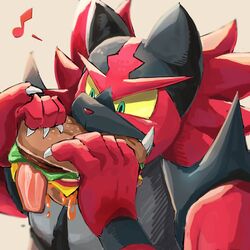  1:1 anthro black_body black_fur burger eating fangs food fur generation_7_pokemon hi_res holding_food holding_object imokennpi incineroar looking_down male multicolored_body multicolored_fur musical_note nintendo pokemon pokemon_(species) red_body red_fur simple_background solo teeth 