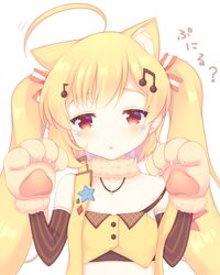  ahoge animal_ear_fluff animal_ears animal_hands azur_lane bad_id bad_pixiv_id bare_shoulders beamed_eighth_notes black_sleeves blonde_hair blush brown_gloves cat_ears collarbone commentary_request crop_top detached_sleeves eighth_note eldridge_(azur_lane) eldridge_(kitty_idol)_(azur_lane) female fur_collar gloves hair_ornament hands_up highres kemonomimi_mode long_hair long_sleeves looking_at_viewer musical_note musical_note_hair_ornament official_alternate_costume open_clothes open_vest parted_lips paw_gloves red_eyes sakurato_ototo_shizuku simple_background solo striped_sleeves translation_request twintails upper_body very_long_hair vest white_background yellow_vest 