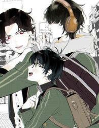  3boys black_hair buzen_gou commentary_request glasses green_eyes green_hair hair_over_eyes height_difference highres ichii_(tkgodantkamatu) kotegiri_gou kuwana_gou_(touken_ranbu) looking_at_another male_focus mole mole_under_eye multiple_boys red_eyes smile touken_ranbu upper_body 