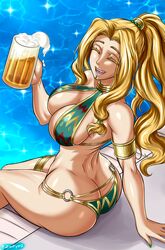  alternate_costume alternate_hairstyle armlet ass aztec bare_shoulders beer_mug bikini blonde_hair breasts chin_piercing commentary cup english_commentary fate/grand_order fate_(series) female green_bikini highres long_hair mug multicolored_clothes open_mouth ponytail pool poolside quetzalcoatl_(fate) smile solo swimsuit thighlet twitter_username water wide_hips zantyarz 