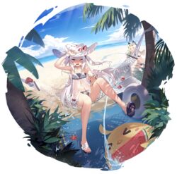  2girls animal artist_request azur_lane bare_shoulders beach bird blue_eyes blue_sky bow bracelet breasts can cloud cloudy_sky collarbone day drink_can feet flat_chest food fruit full_body hammann_(azur_lane) hammann_ii_(another_rebellious_summer)_(azur_lane) hammann_ii_(azur_lane) hammock hat highres ice innertube jewelry looking_at_viewer manjuu_(azur_lane) multiple_girls navel ocean official_art one_eye_closed open_mouth outdoors palm_leaf palm_tree ribbon sandals see-through shadow shiny_skin short_twintails sims_(azur_lane) sitting sky smile soda_can stomach strawberry swim_ring swimsuit teeth thighs toenails toes towel transparent_background tree twintails water water_drop water_gun white_hair 