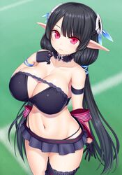  anette_(pso2) arm_strap asamura_hiori back_bow bare_shoulders bikini bikini_under_clothes black_choker black_hair black_skirt blunt_bangs blush bow braid breasts bridal_garter choker cleavage cleavage_cutout closed_mouth clothing_cutout collarbone cowboy_shot elf female french_braid frills green_background hand_on_own_chest headgear highres large_breasts long_hair low_twintails miniskirt navel phantasy_star phantasy_star_online_2 pink_eyes pleated_skirt pointy_ears purple_bow skirt solo stomach strapless strapless_bikini swimsuit twintails very_long_hair wristband 