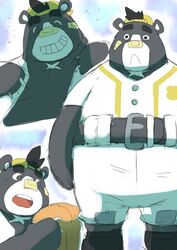  2020 anthro ayame42612 backwards_baseball_cap backwards_hat baseball_(sport) baseball_cap baseball_uniform bear belly black_body black_fur bottomwear brand_new_animal clothing digital_media_(artwork) fur hat headgear headwear kemono male mammal overweight overweight_anthro overweight_male pants shirt sloth_bear_(brand_new_animal) solo sport sportswear studio_trigger topwear uniform 