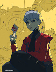  1other animification apex_legends artist_name aurahack black_pants black_sweater brown_eyes card eyeshadow female grey_hair highres holding holding_card jacket looking_to_the_side makeup mecha northstar_(titanfall) one-eyed orange_eyeshadow pants parted_lips red_jacket robot science_fiction short_hair solo_focus sweater titan_(titanfall) titanfall_(series) titanfall_2 valkyrie_(apex_legends) 