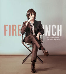  androgynous black_hair carrotsprout cigarette commentary copyright_name cross cross_earrings crossed_legs director director&#039;s_chair earrings expressionless female fire_punch formal hair_between_eyes highres jewelry mole mole_under_eye mole_under_mouth necktie short_hair sitting smoking solo suit togata_(fire_punch) tomboy twitter_username 