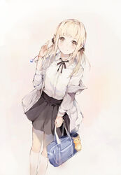  absurdres bag bag_charm black_ribbon black_skirt blonde_hair blush brown_eyes cardigan charm_(object) closed_mouth collared_shirt commentary_request dress_shirt female grey_cardigan hanagin hand_up highres holding holding_bag kneehighs long_hair looking_at_viewer neck_ribbon off_shoulder open_cardigan open_clothes original pleated_skirt ribbon school_bag shirt skirt smile socks solo stuffed_animal stuffed_cat stuffed_toy twintails white_shirt white_socks 