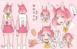  animal_ears aqua_eyes arrow_(symbol) ascot carrot character_profile commentary_request crying eveyeil female gradient_hair heart heart-shaped_pupils highres long_sleeves mouth_pull multicolored_hair multiple_views neck_ribbon open_mouth original pink_background pink_hair pink_serafuku pink_skirt rabbit_ears rabbit_girl reference_sheet ribbon school_uniform serafuku short_hair skirt speech_bubble symbol-shaped_pupils teeth translation_request yellow_ascot yellow_ribbon 