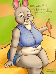  3:4 anthro belly bonnie_hopps breasts carrot disney english_text female food greeting hi_res lagomorph leporid mammal mature_female name_drop overweight oystercatcher7 plaid plant rabbit sitting slightly_chubby solo text vegetable zootopia 