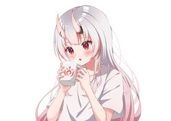  blush commentary_request cup female gradient_hair hands_up highres holding holding_cup hololive horns karashi_(asarikarasi) long_hair looking_away multicolored_hair nakiri_ayame parted_lips red_eyes red_hair shirt short_sleeves simple_background skin-covered_horns solo streaked_hair upper_body virtual_youtuber white_background white_hair white_shirt 